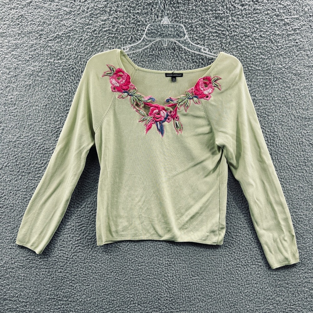 Debbie Morgan Women Rib Knit Top Large Green Embroidered Floral Boho Cottagecore